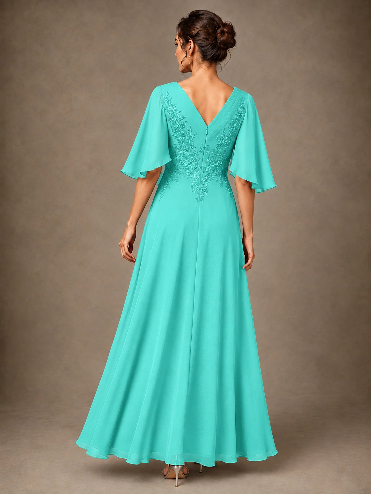 V-Neck Chiffon Lace Mother of the Bride Dress with Flutter Sleeves