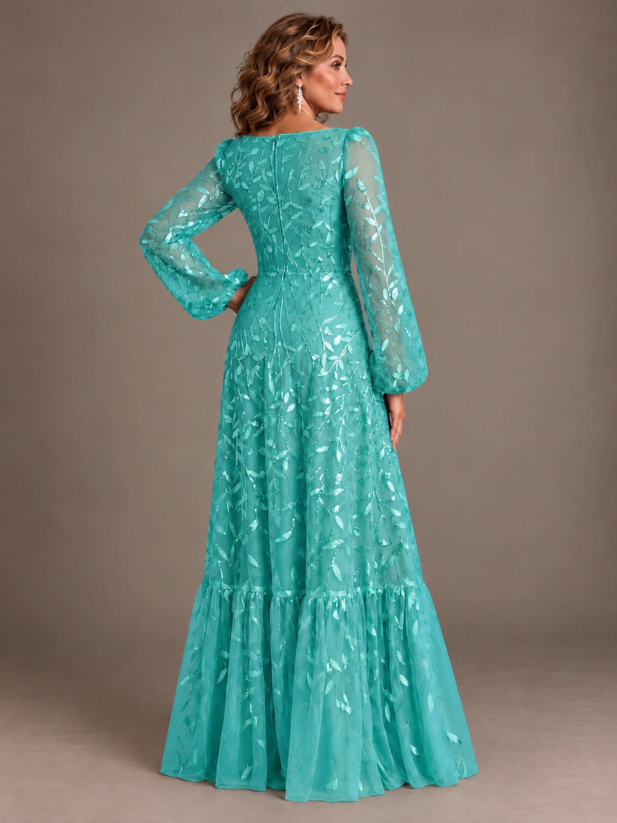 Floral Sequin Embroidered A-Line Mother of the Bride Dress with Long Sleeves