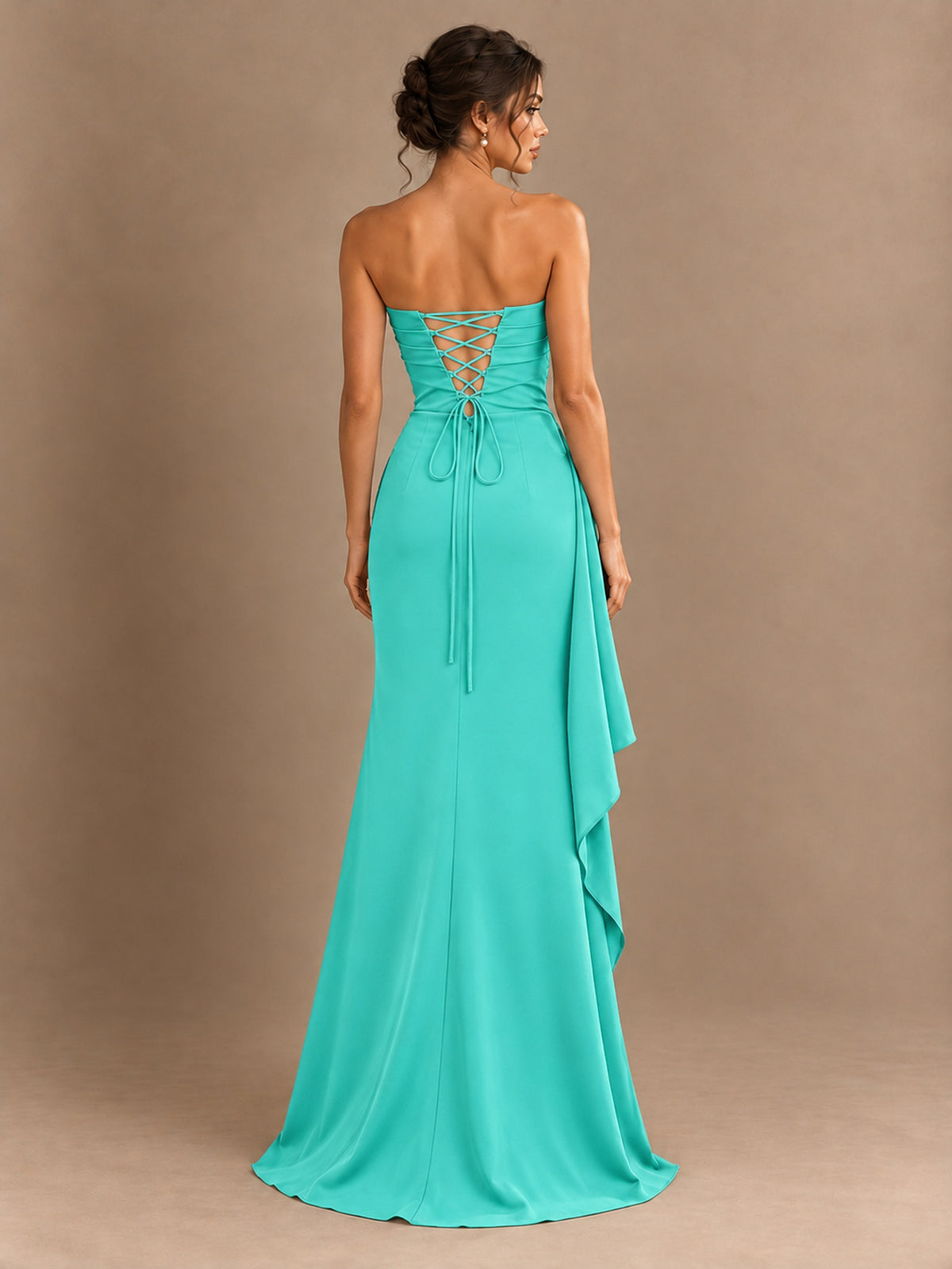Black and White Strapless Ruched Prom Dress with High Slit & Side Drape