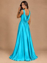 Cowl Neck Pleated Satin Prom Dress with Pockets & Slit Maxi Formal Gowns