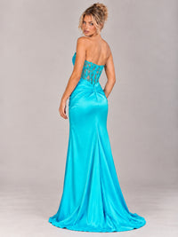 Strapless Satin Prom Dress with Sheer Lace Corset & High Slit