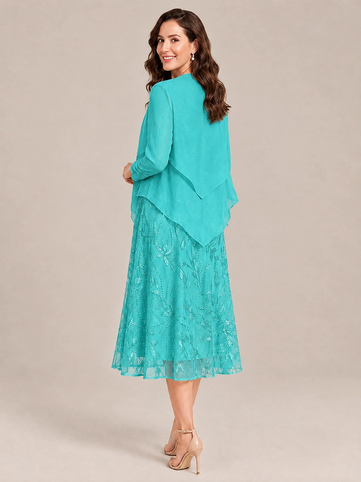 Tea Length Sequin Lace Mother of the Bride Dress with Chiffon Jacket