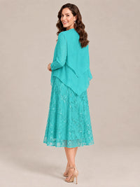 Tea Length Sequin Lace Mother of the Bride Dress with Chiffon Jacket