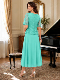 Tea-Length Chiffon Mother of the Bride Dress with Sequin Lace Sleeves