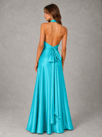 Sage Green Satin A-Line Bridesmaid Dress with Halter Neck