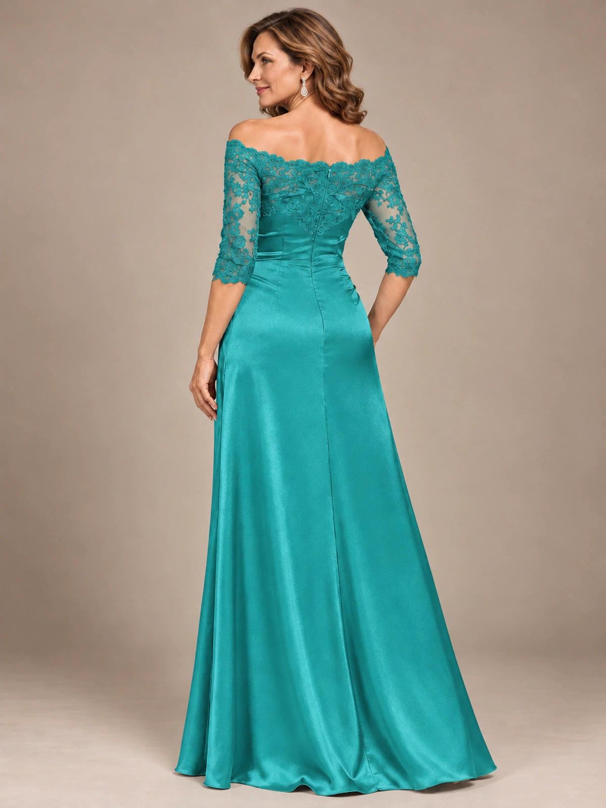 Satin Mother of the Bride Dress with Lace Sleeves Off Shoulder Formal Gown