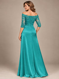 Satin Mother of the Bride Dress with Lace Sleeves Off Shoulder Formal Gown