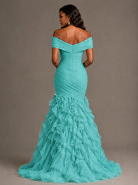 Pink Off-the-Shoulder Mermaid Prom Dress with Ruffles 3D Flowers