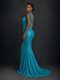 Gold Sequin Floral Applique Mermaid Prom Dress