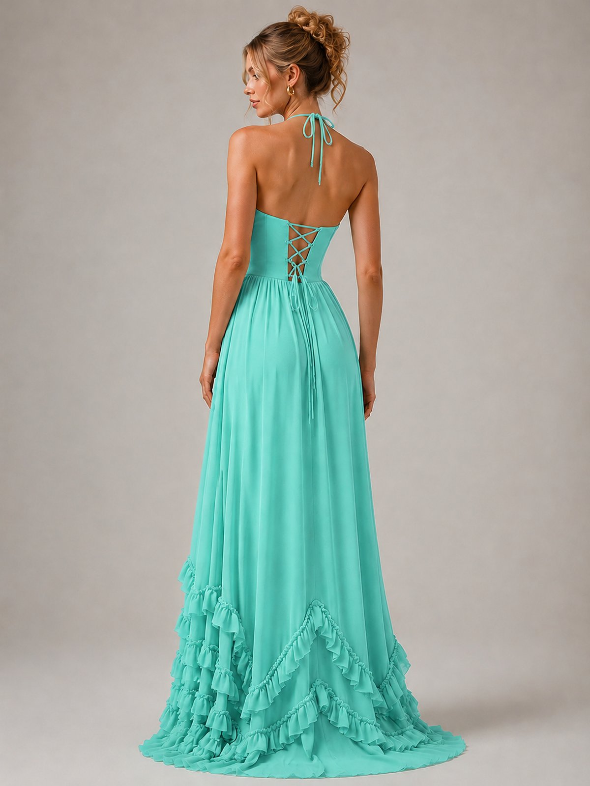 Halter V Neck Chiffon Formal Dress with Lace-Up Back and Ruffle Hem