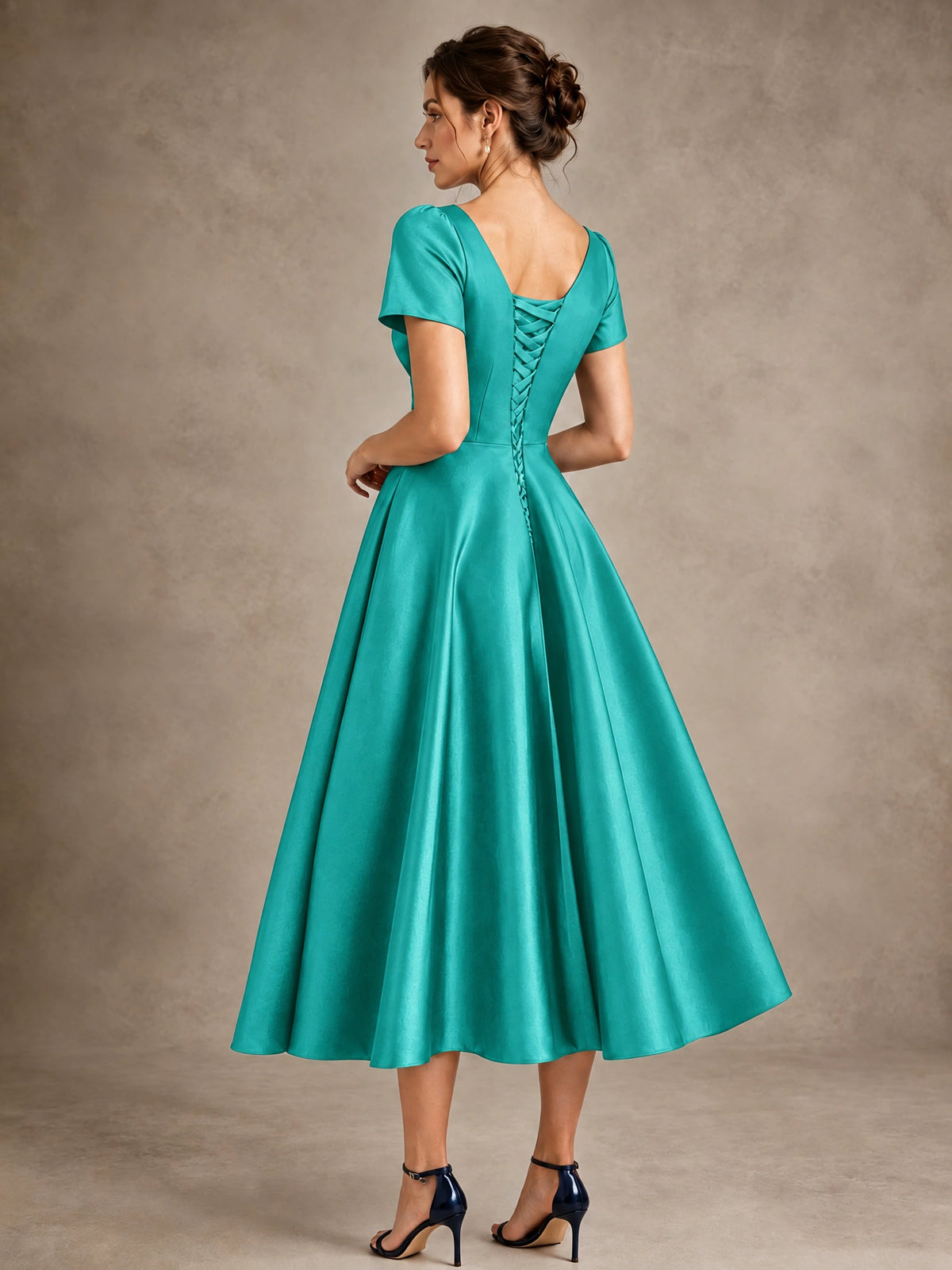 V-Neck Tea-Length Satin Mother of the Bride Dress with Bow