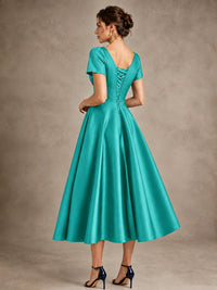 V-Neck Tea-Length Satin Mother of the Bride Dress with Bow