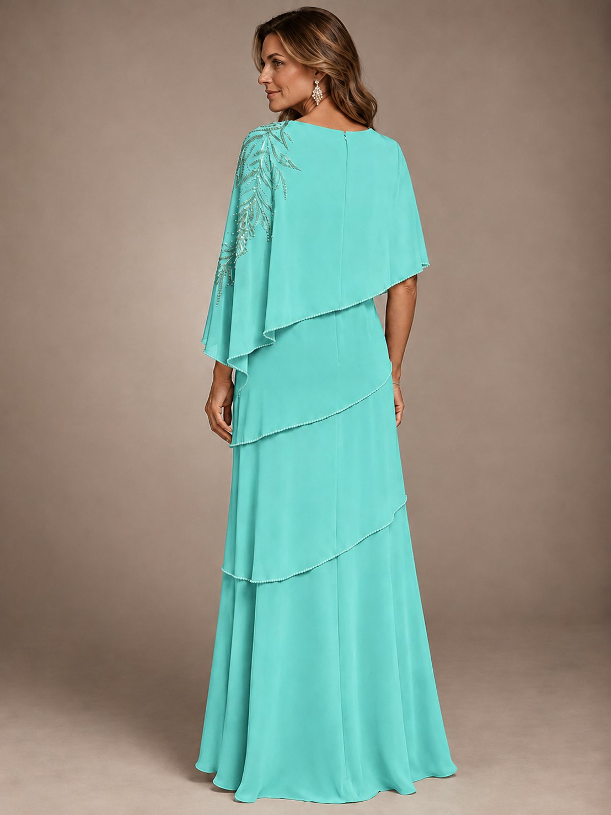 Elegant Chiffon Cape Sleeve Beaded Mother of the Bride Dress