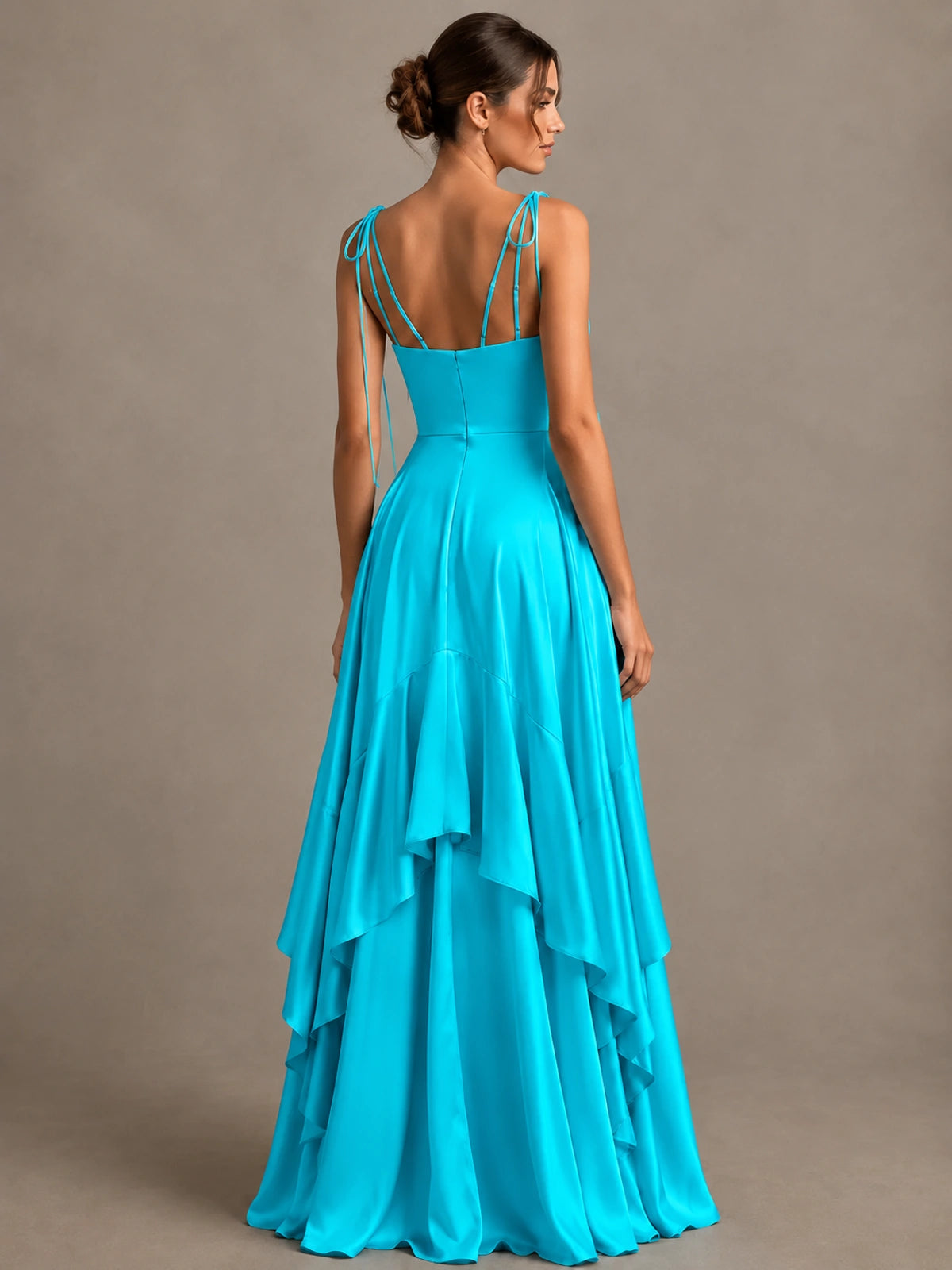 Lavender Satin V-Neck Ruffle Maxi Dress