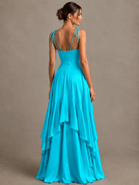 Lavender Satin V-Neck Ruffle Maxi Dress