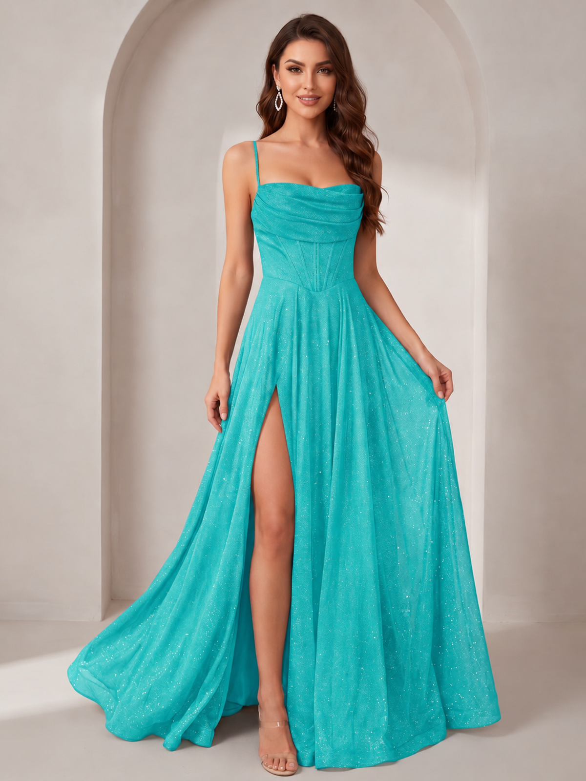 Sparkly Cowl Neck Corset Long Prom Dress with Slit A-line Tulle Ball Gown