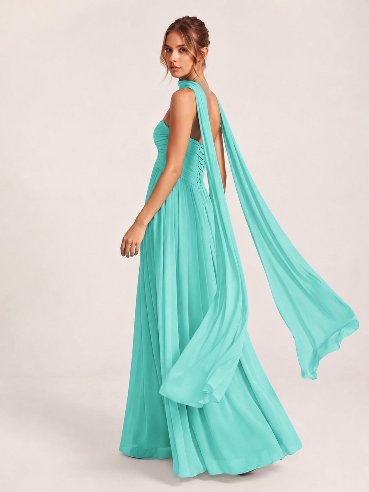 Strapless Ruched Chiffon Long Prom Dress with Scarf