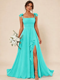 Ruffle Slit Chiffon A Line Scoop Neck Bridesmaid Dresses with Pockets