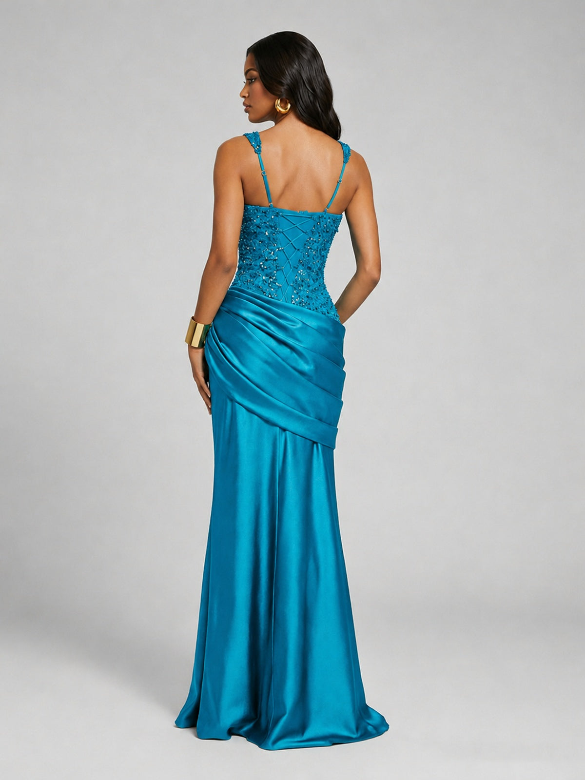 Scoop Neck Sequin Prom Dress with High Slit Satin Formal Gowns