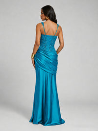 Scoop Neck Sequin Prom Dress with High Slit Satin Formal Gowns