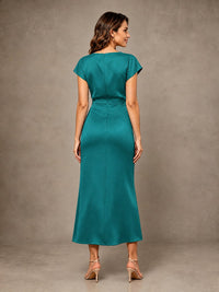 Cowl Neck Satin Mother of the Bride Dress with Ruched Waist