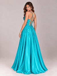 Lace Applique Satin A-Line Prom Dress with Sheer Bodice