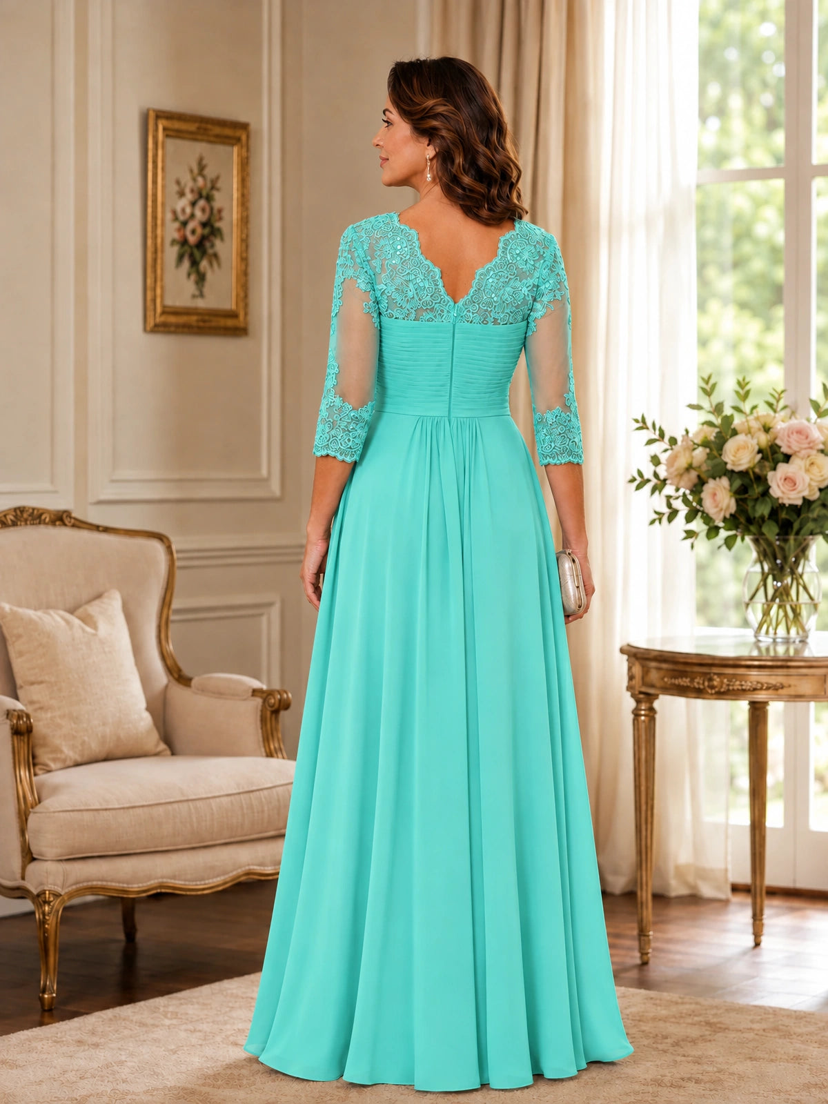 Chiffon Lace Applique Mother of the Bride Dress with 3/4 Sleeves