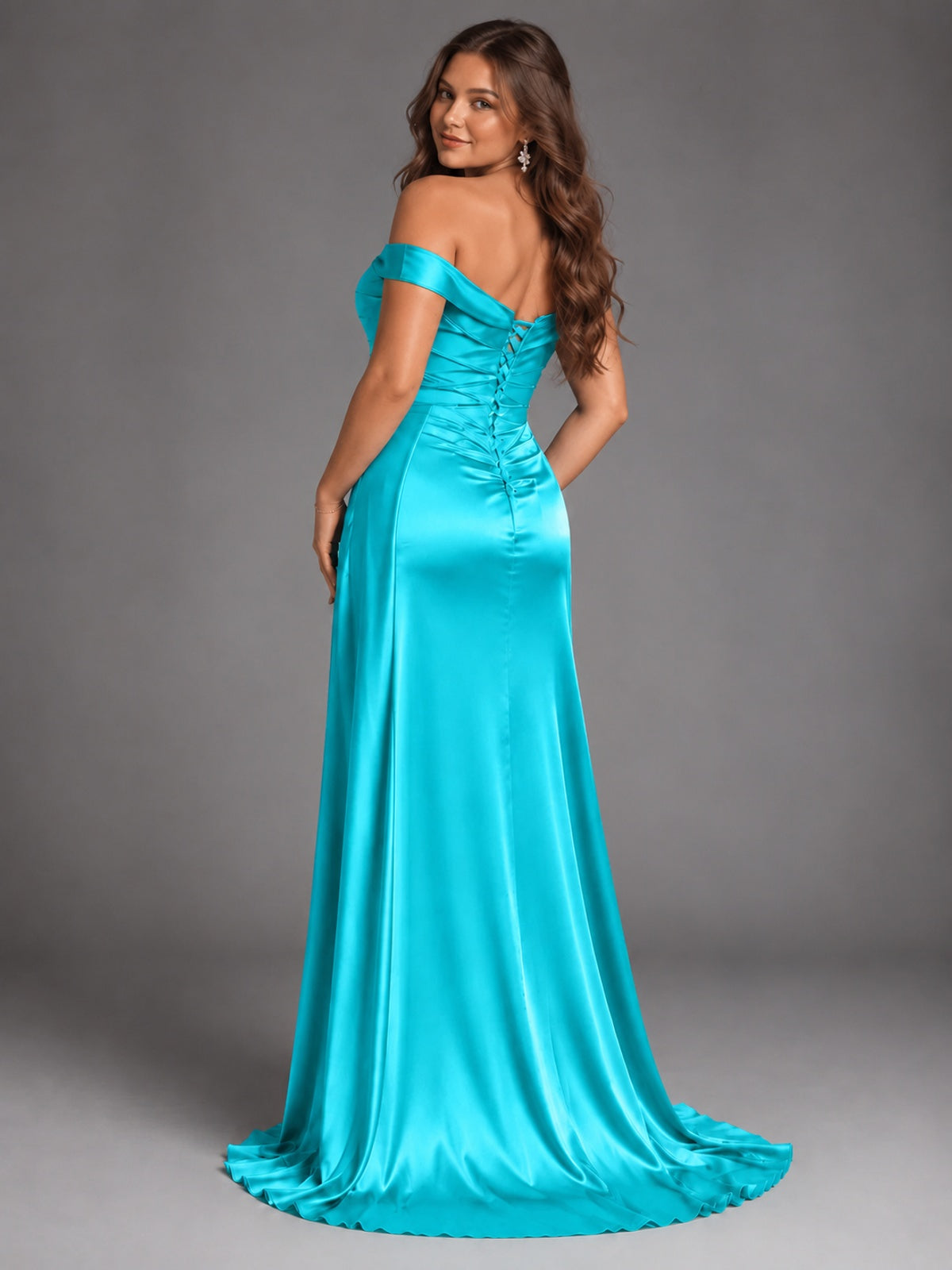 Off Shoulder Satin Maxi Dress with Slit