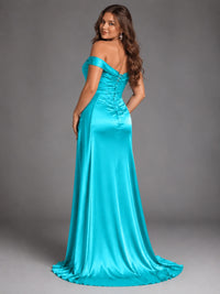 Off Shoulder Satin Maxi Dress with Slit