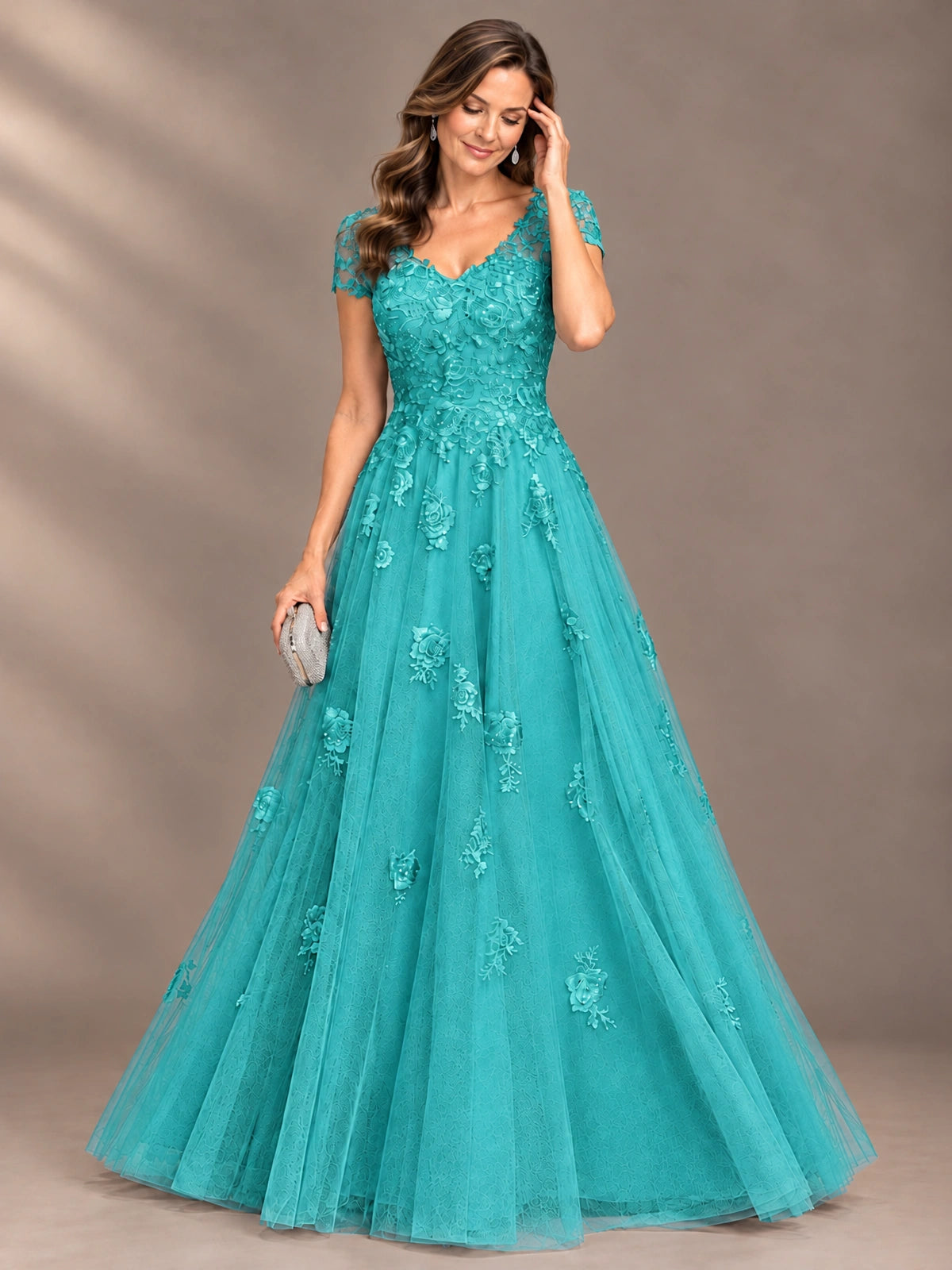 Lace Appliques A-line Mother of The Bride Dresses with Short Sleeves