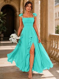 Ruffle Slit Chiffon A Line Scoop Neck Bridesmaid Dresses with Pockets