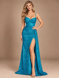 Burgundy Sequin Corset Prom Dress with High Slit