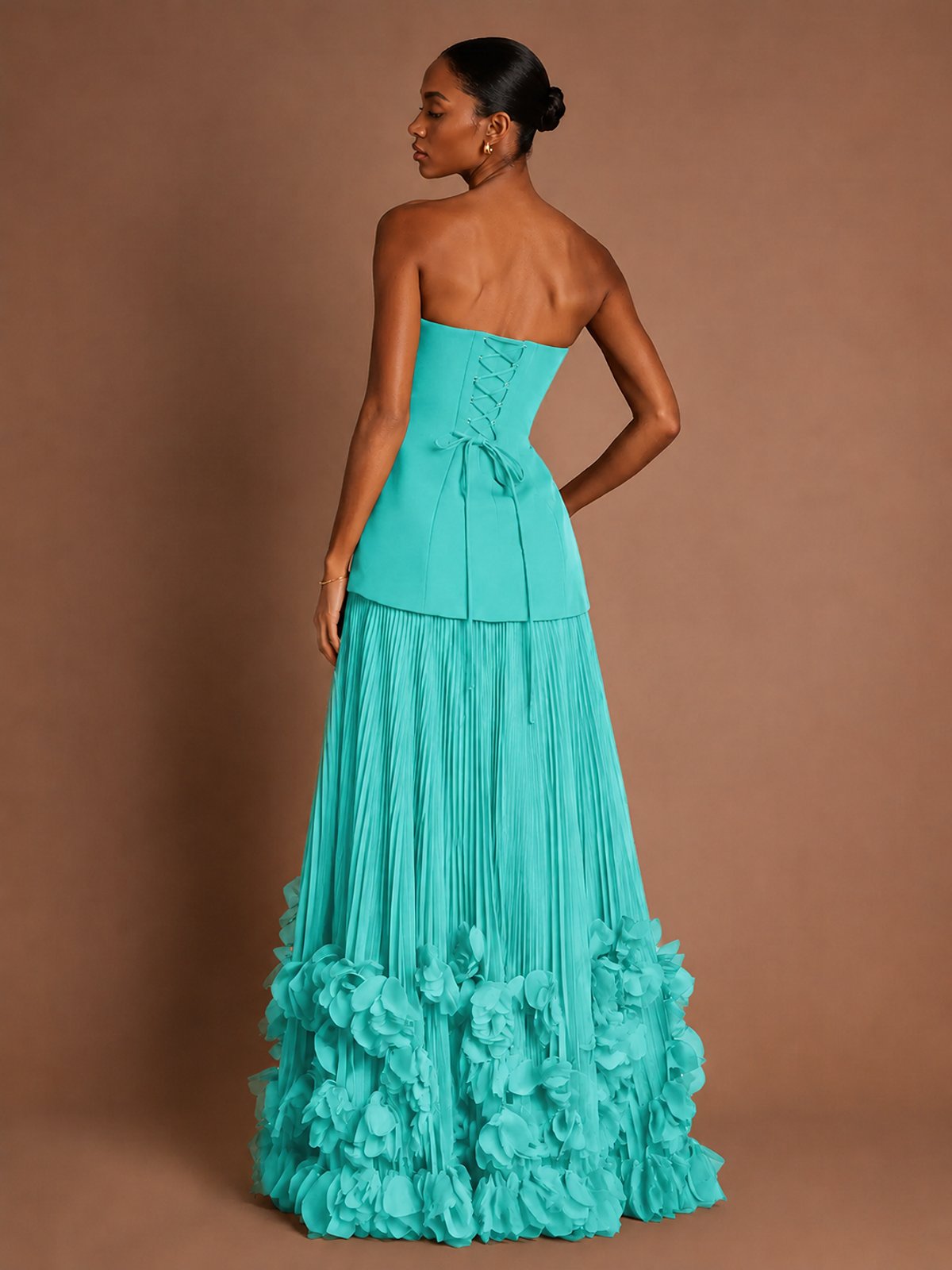 Strapless Pleated Floral Satin Formal Dress with Side Slit