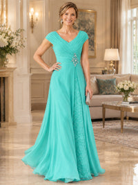 Pleated Chiffon Lace Mother of The Bride Dresses with Beading Cap Sleeves