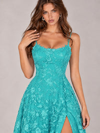 Floral Lace A-Line Prom Dress with Spaghetti Straps & High Slit
