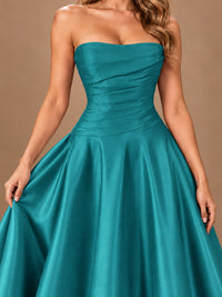 Blush Pink Strapless Satin A-Line Prom Dress with Ruched Bodice