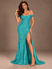 Off the Shoulder Corset Sequin Mermaid Prom Dress with Slit