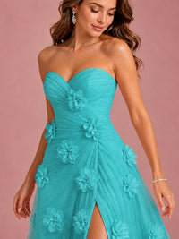 3D Floral Applique Strapless Tulle Prom Dress with High Slit