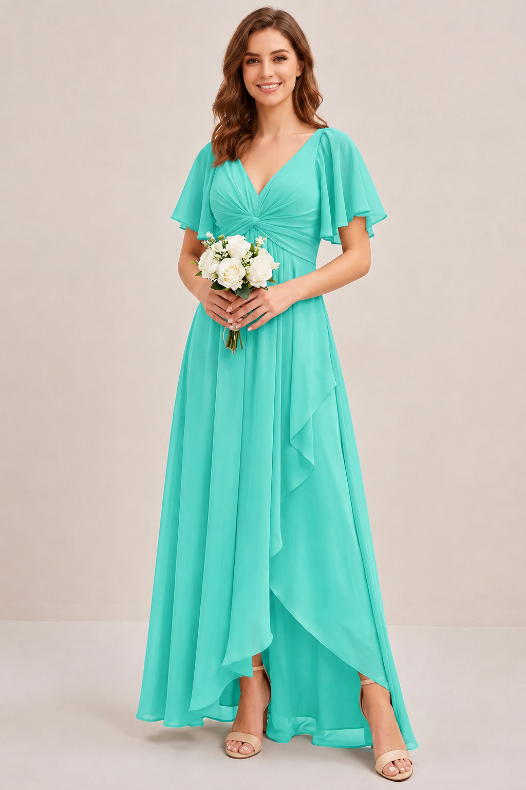 Dusty Blue Chiffon Bridesmaid Dress with Flutter Sleeves & High-Low Hem