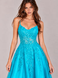 Lace Applique Satin A-Line Prom Dress with Sheer Bodice