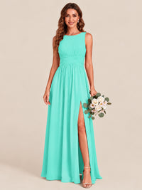 A-line Sleeveless Rucehd Chiffon Bridesmaid Dress with High Slit