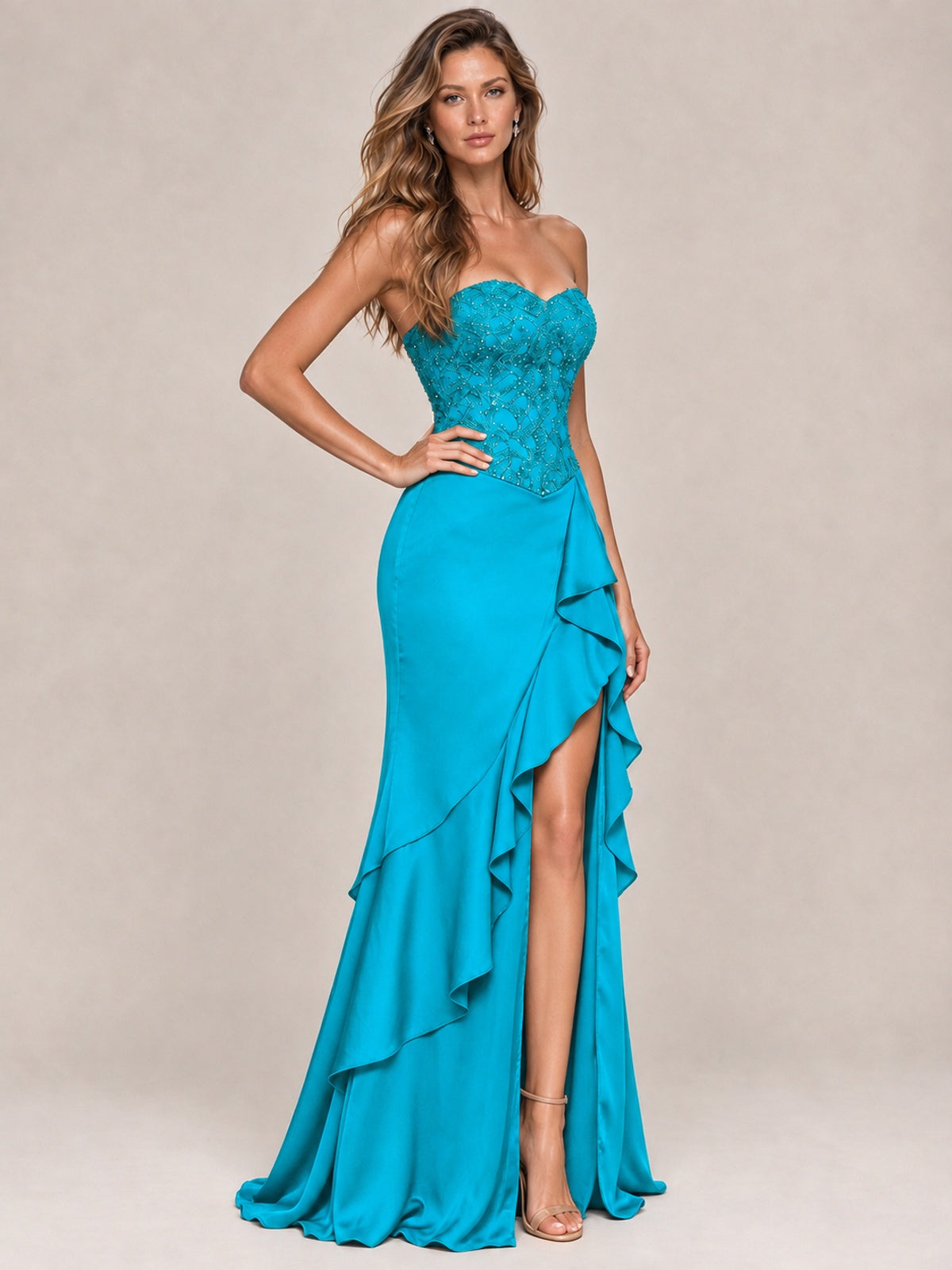 Strapless Lace Appliques Corset Satin Prom Dress Ruffle Slit Evening Gown