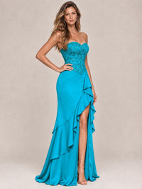 Strapless Lace Appliques Corset Satin Prom Dress Ruffle Slit Evening Gown