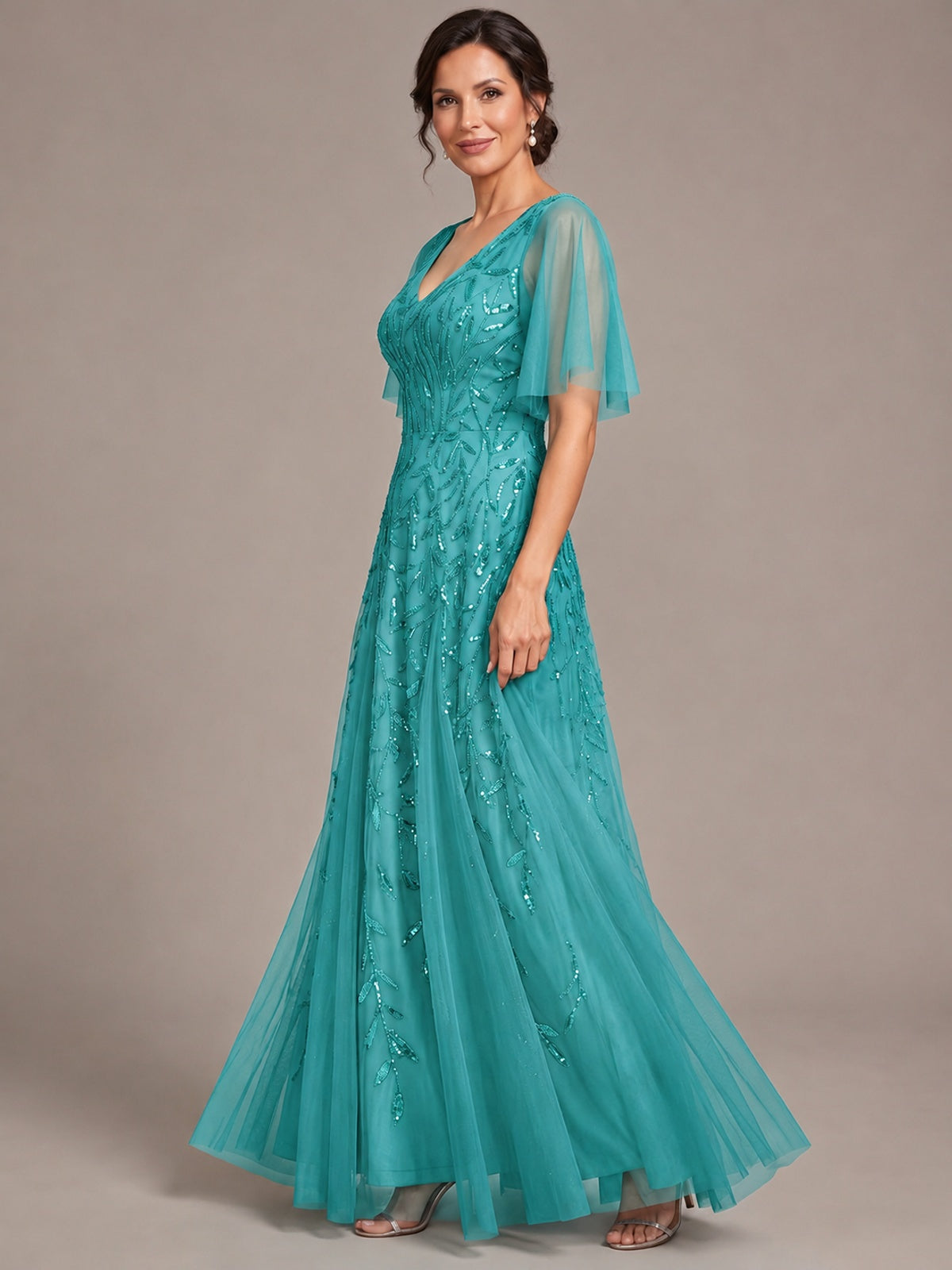 V-Neck Sequin Tulle Mother of the Bride Dress with Flutter Sleeve