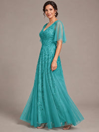 V-Neck Sequin Tulle Mother of the Bride Dress with Flutter Sleeve