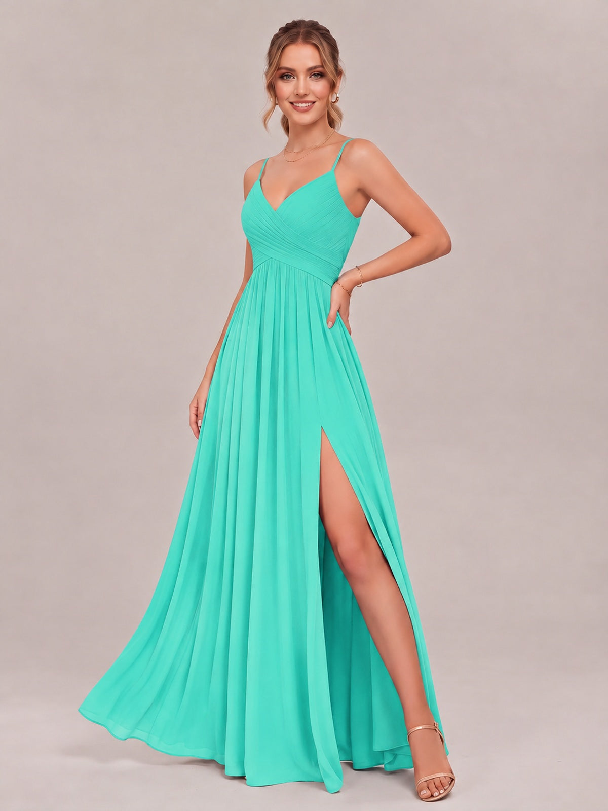 V-Neck Pleated Chiffon Long Bridesmaid Dress with Slit