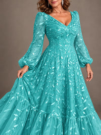 Floral Sequin Embroidered A-Line Mother of the Bride Dress with Long Sleeves