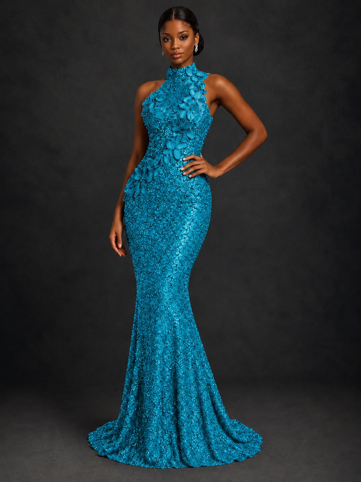 Sparkly Sequin High Neck Mermaid Prom Dress