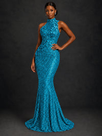 Sparkly Sequin High Neck Mermaid Prom Dress
