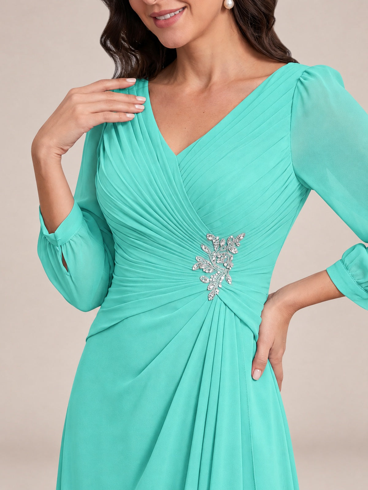 V-Neck Pleated Chiffon Mother of the Bride Dress with Flutter Sleeves